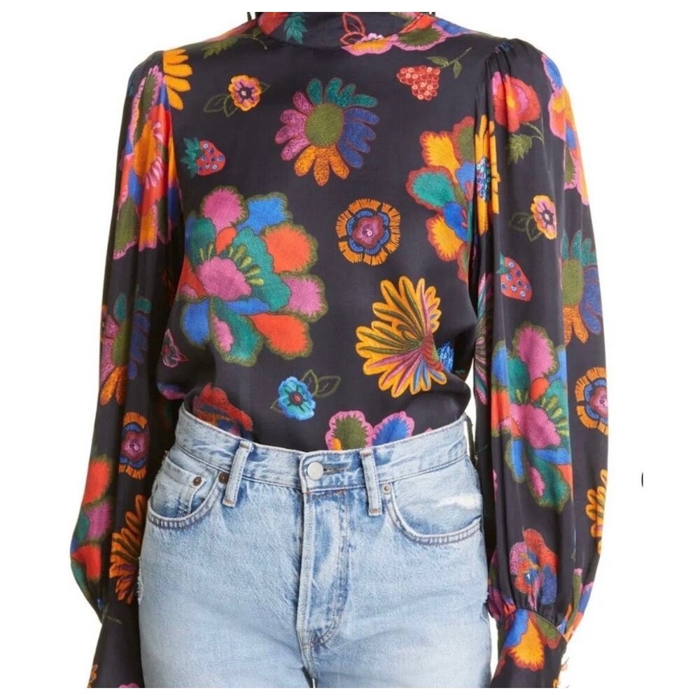 Farm Rio Lilys Black Floral Long Sleeve Blouse Top XS Mock Neck‎ Flower Buttons